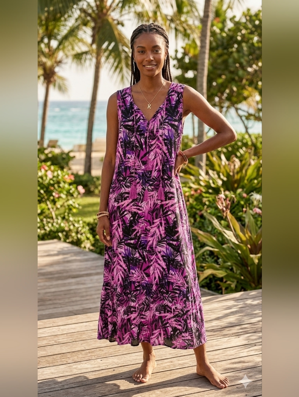 Roaman's Pink & Black Tropical V‑Neck Maxi Dress Size 3X